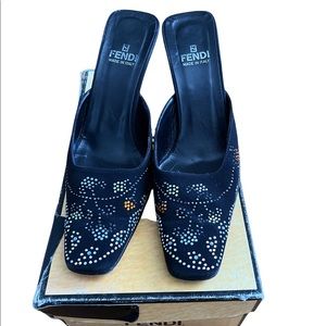Fendi Crepe De Chine Black Embellished Heels Size 7.5
